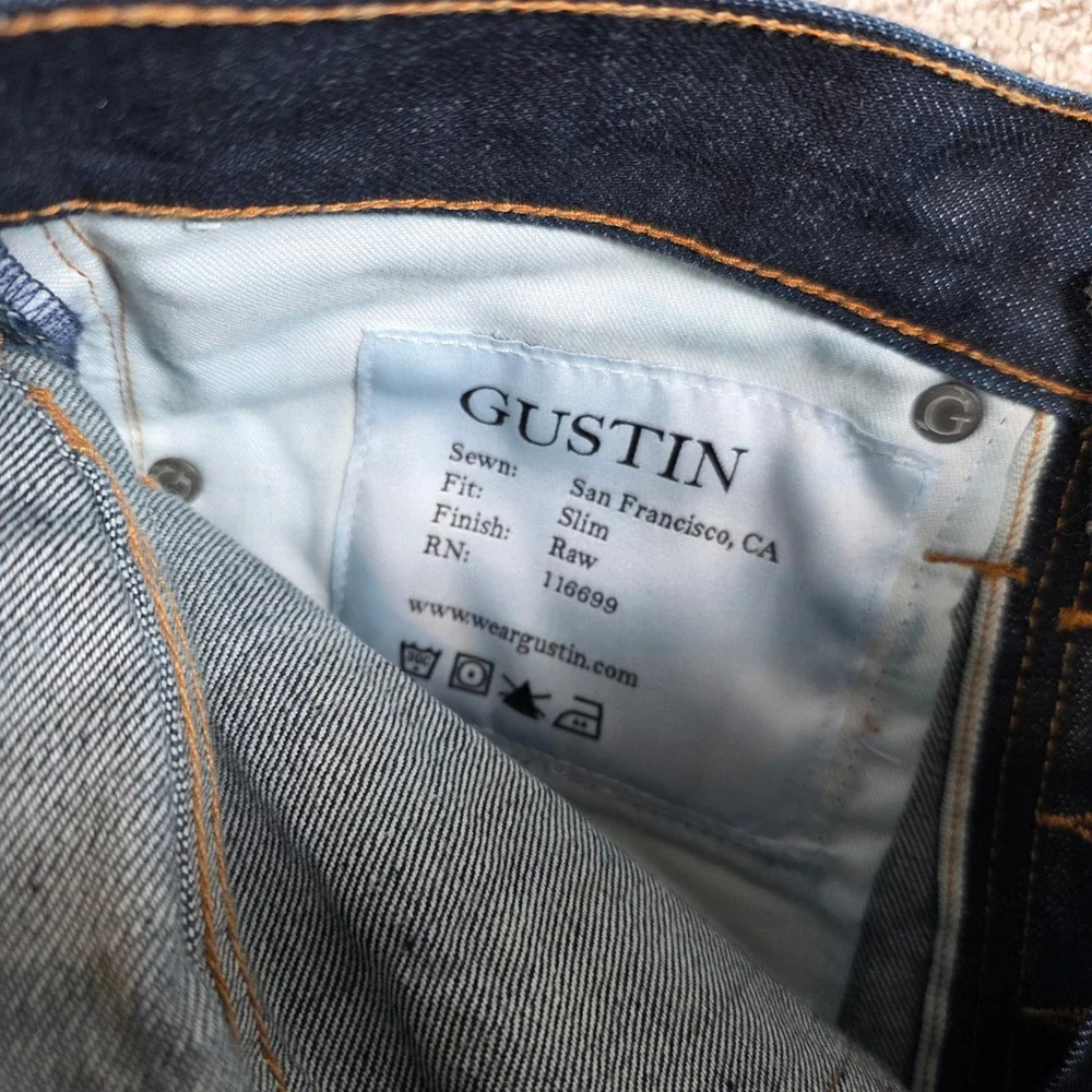 Gustin Mens Raw Selvedge 28x34 Denim Jeans Slim Fit Dark Wash Indigo Made in USA